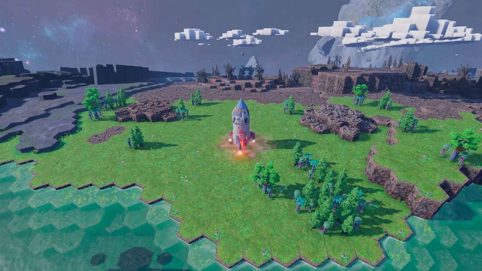 Scout Spaceship launching with a trail of fire from the hexagonal launchpad on Kewa