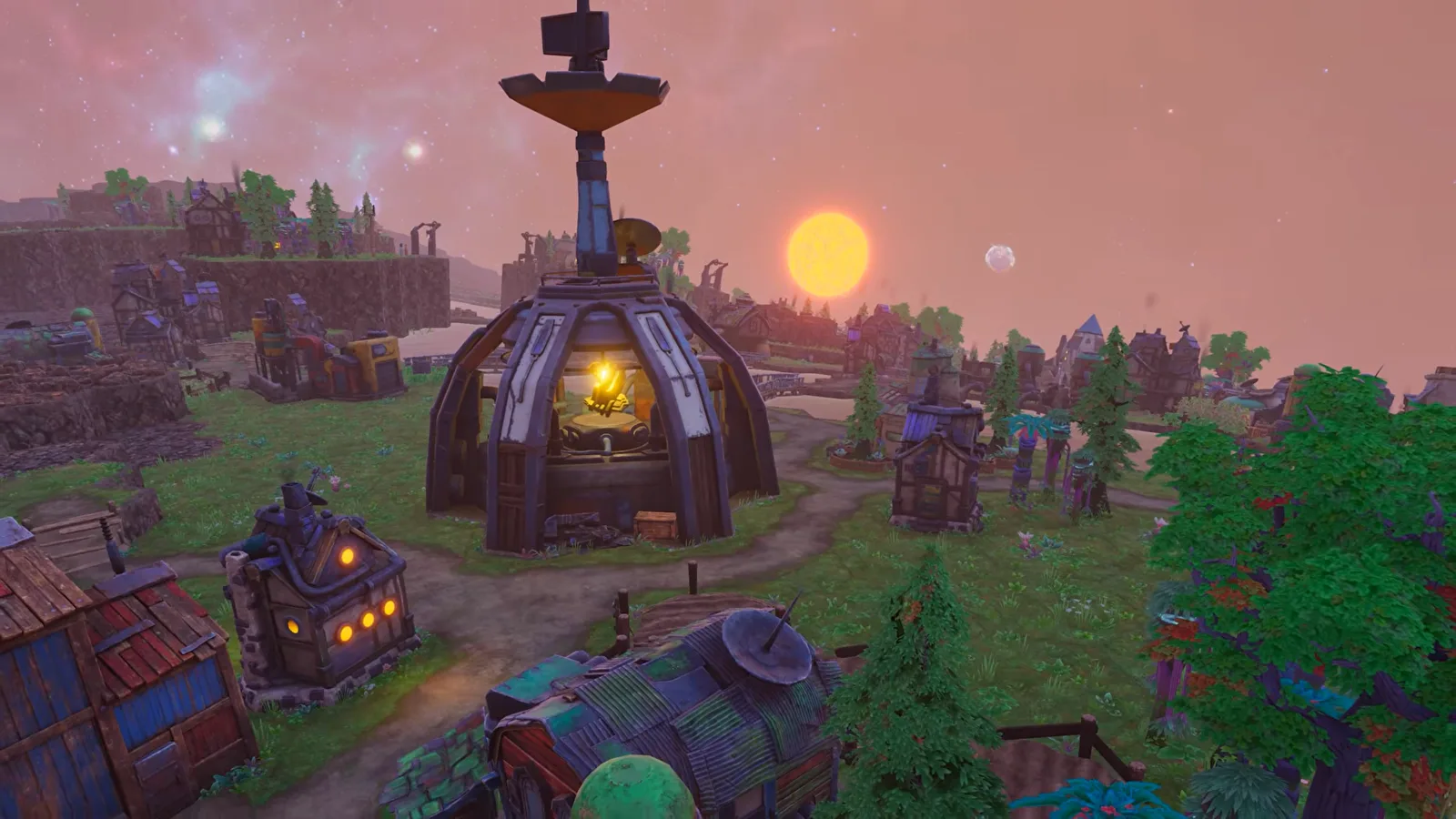 Sunset view of a settlement with a glowing amber power core tower in Beyond These Stars