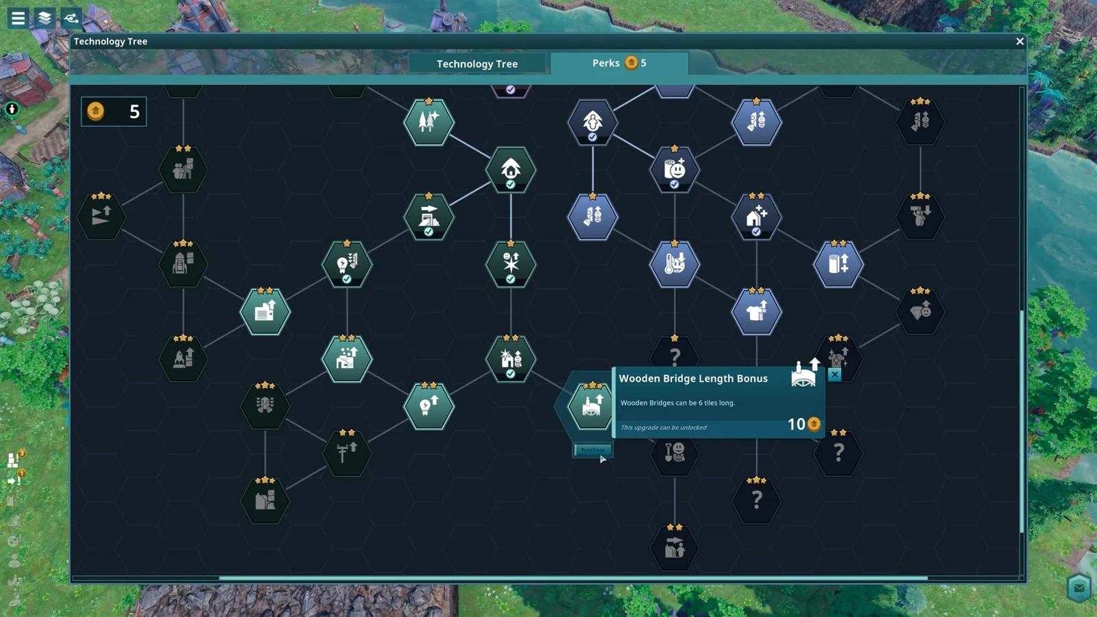 Vertical building category menu and hexagonal placement interface in Beyond These Stars